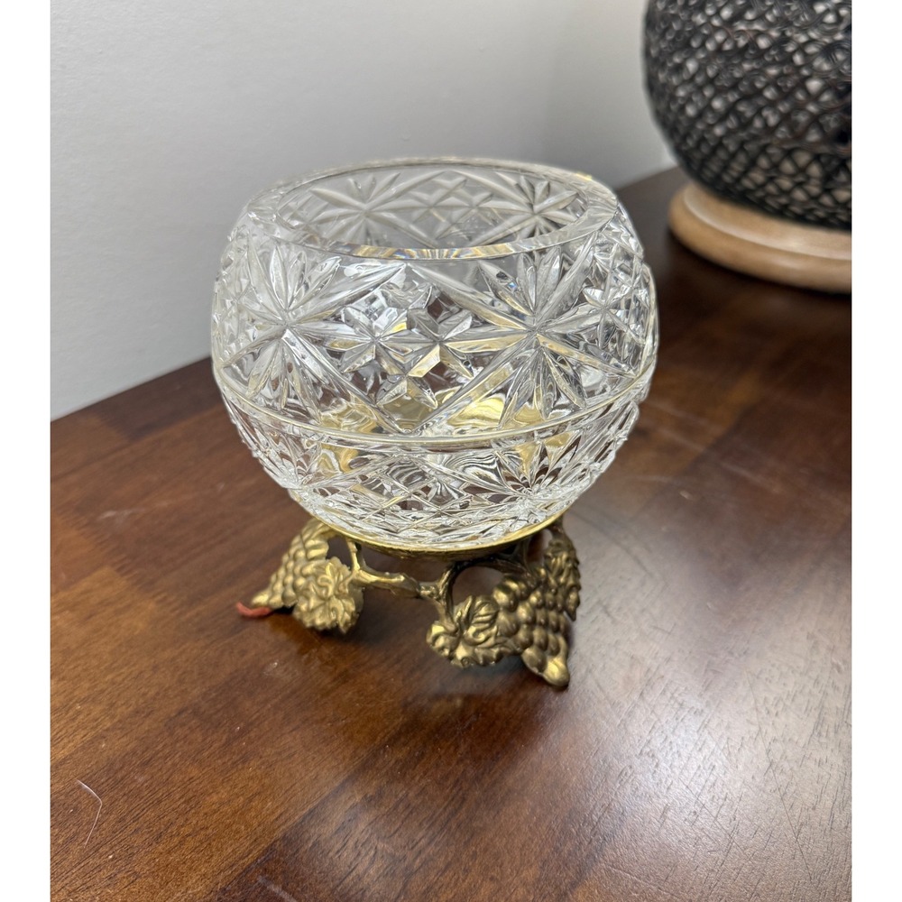 Vintage Crystal Rose Bowl with Brass Grape Vine Tripod Stand Made in India
